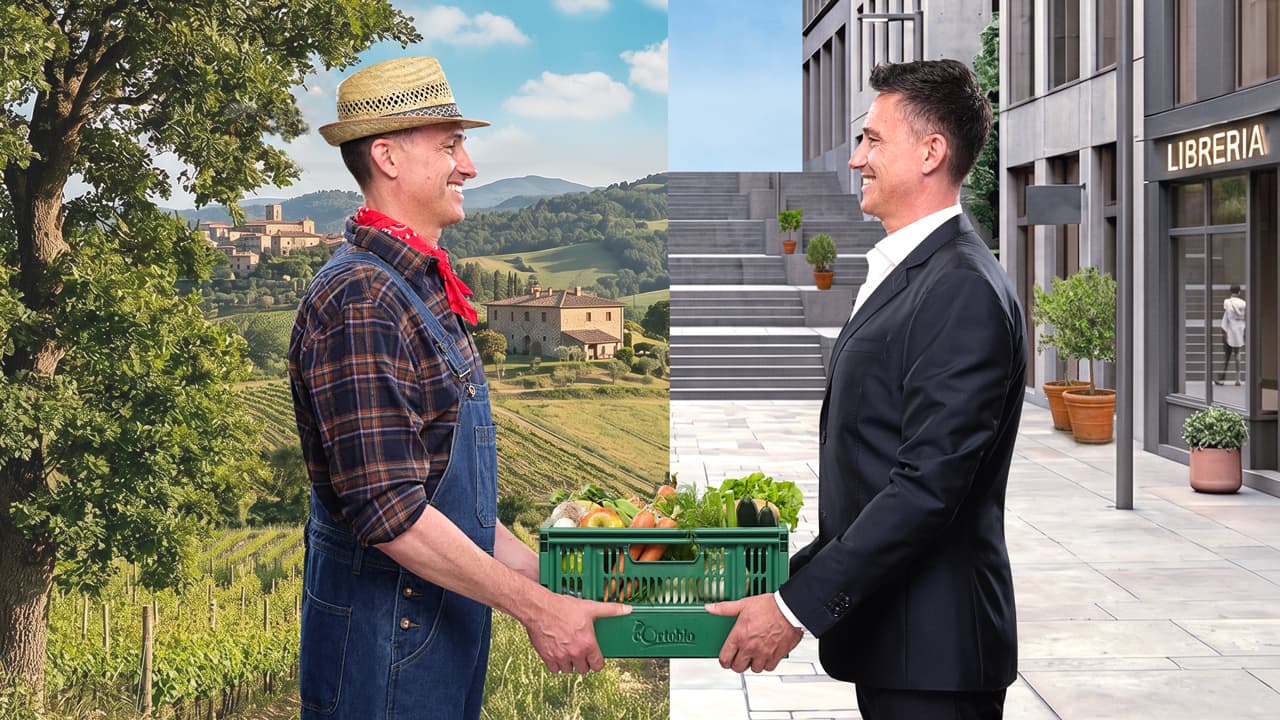 Un contadino consegna una cassetta di frutta e verdura bio in città